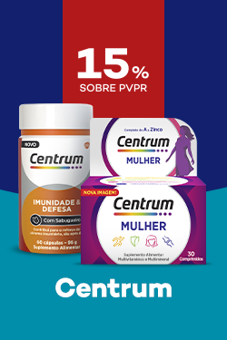 Suplementos da marca Centrum com destaque promocional de 15% sobre pre&ccedil;o de Venda ao P&uacute;blico Recomendado